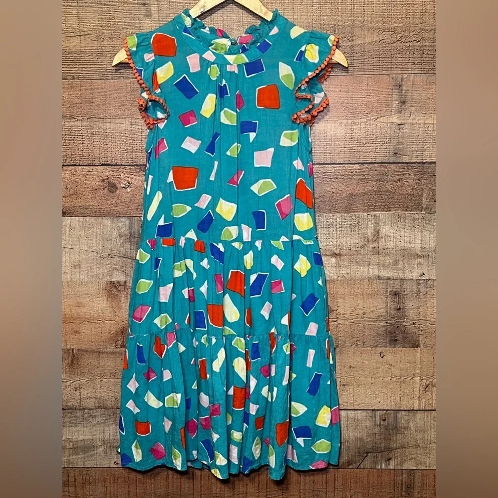 THML Teal Tiered Ruffle Geometric Printed Dress size XS